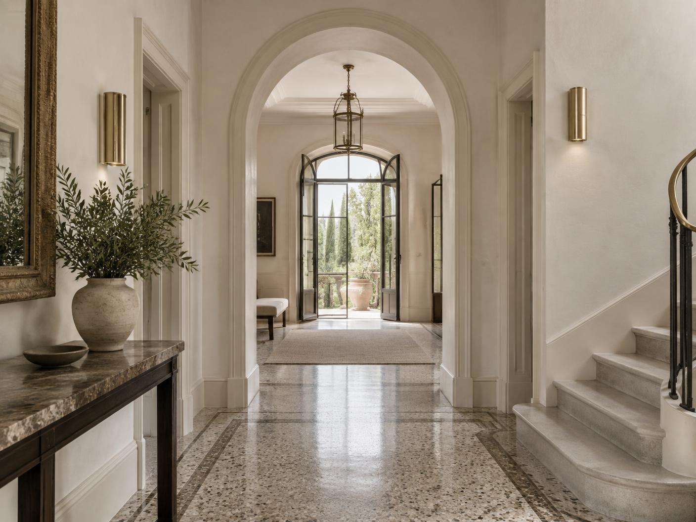 Villa előtere íves nyílással, terrazzo padlóval és meszelt falakkal